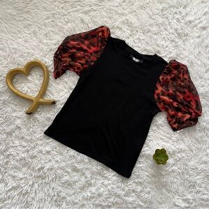 DKNY Black Blouse with Red Patterned Sleeves